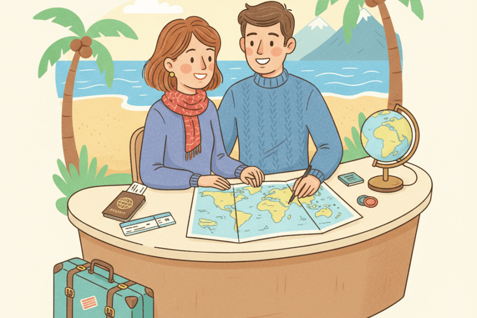Editorial illustration of a cheerful British couple planning a holiday with maps, luggage and a travel consultant in a bright travel shop