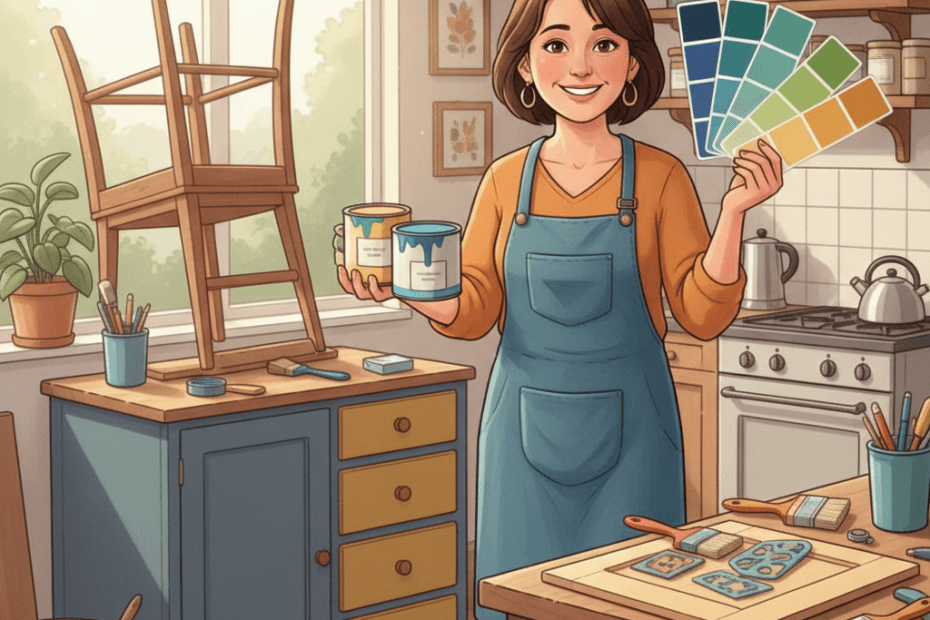 Editorial illustration of a cheerful British DIY shopper choosing paint tins and colour samples for a home upcycling project