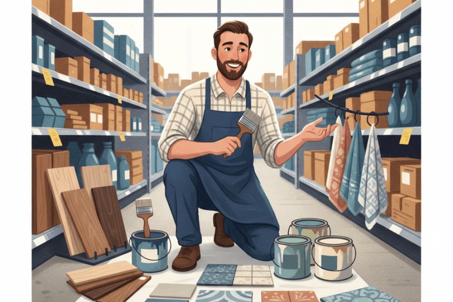 Editorial illustration of a cheerful British home improver comparing paint, timber and bathroom samples in a bright DIY store
