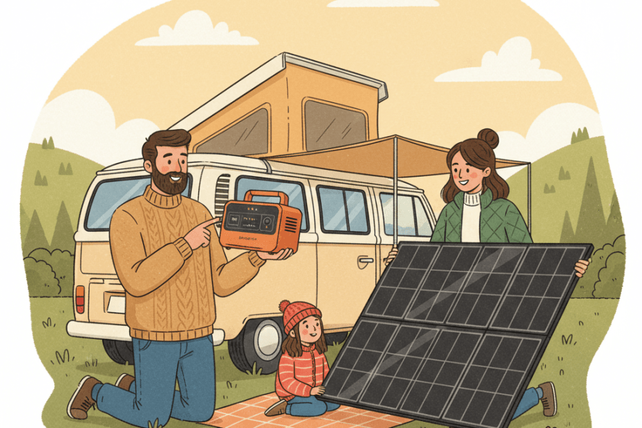 Editorial illustration of a British family and camper comparing a portable power station and folding solar panel outdoors