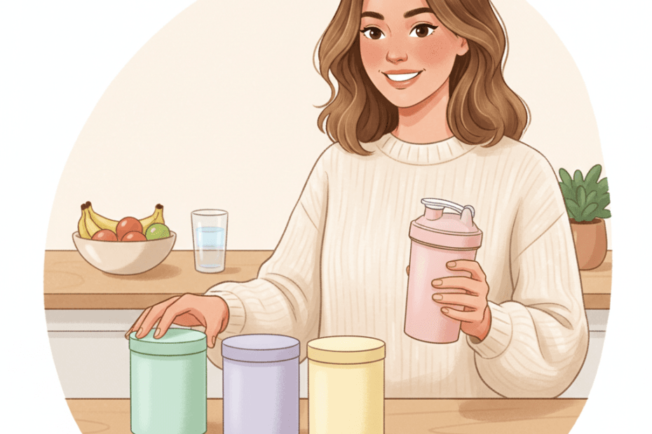 Editorial illustration of a cheerful British shopper comparing wellness powders and supplements on a bright kitchen counter