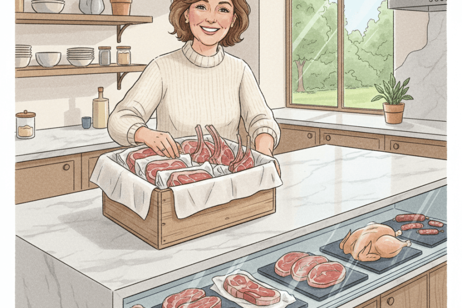 Editorial illustration of a cheerful British shopper choosing premium butcher cuts from a stylish chilled delivery selection