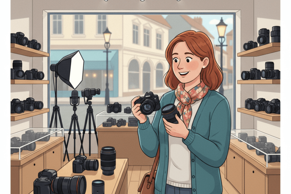 Editorial illustration of a cheerful British shopper comparing cameras and lenses in a warm specialist photo store