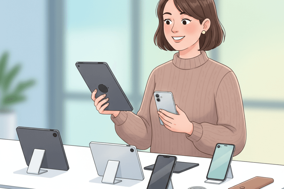 Editorial illustration of a cheerful British shopper comparing refurbished smartphones and tablets in a bright, tidy tech shop
