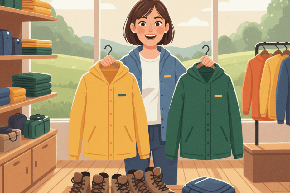 Editorial illustration of a cheerful British shopper comparing waterproof jackets and hiking gear in a bright outdoor shop