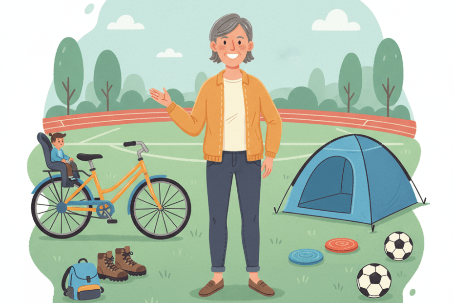 Editorial illustration of a family comparing affordable sports kit and outdoor gear in a bright retail setting