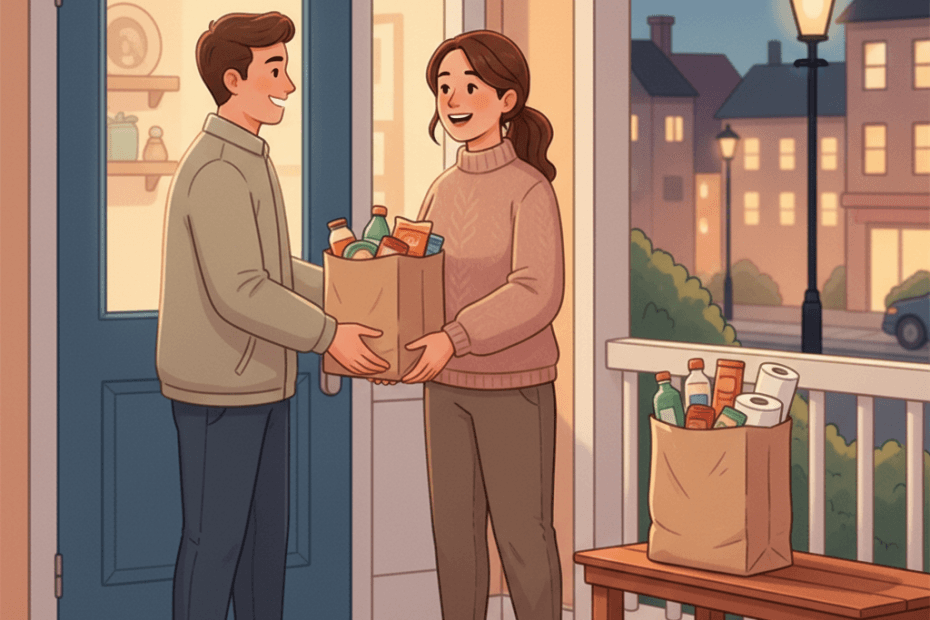 Editorial illustration of a cheerful British shopper receiving a quick convenience delivery of snacks and household essentials at a front door