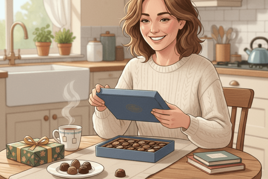 Editorial illustration of a cheerful British shopper opening a gift box of chocolates at home with a neat parcel and cosy kitchen table setting