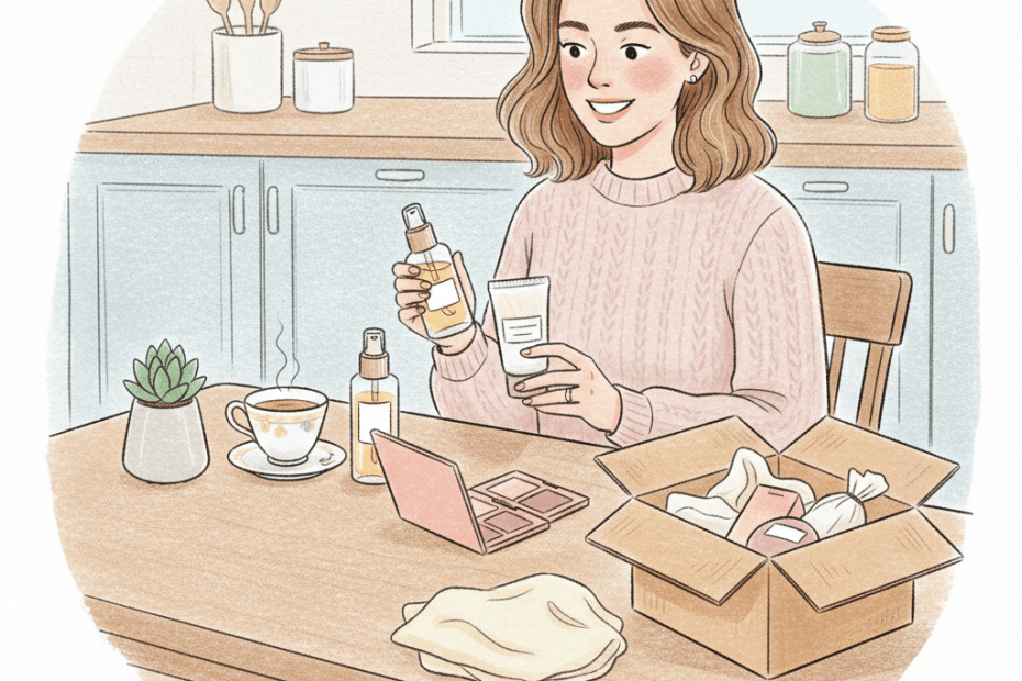 Editorial illustration of a cheerful British shopper comparing skincare and make-up products at home with a neatly packed beauty delivery box nearby