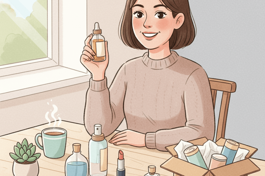Editorial illustration of a cheerful British shopper comparing Avon-style skincare, make-up and fragrance at a kitchen table with a beauty parcel nearby