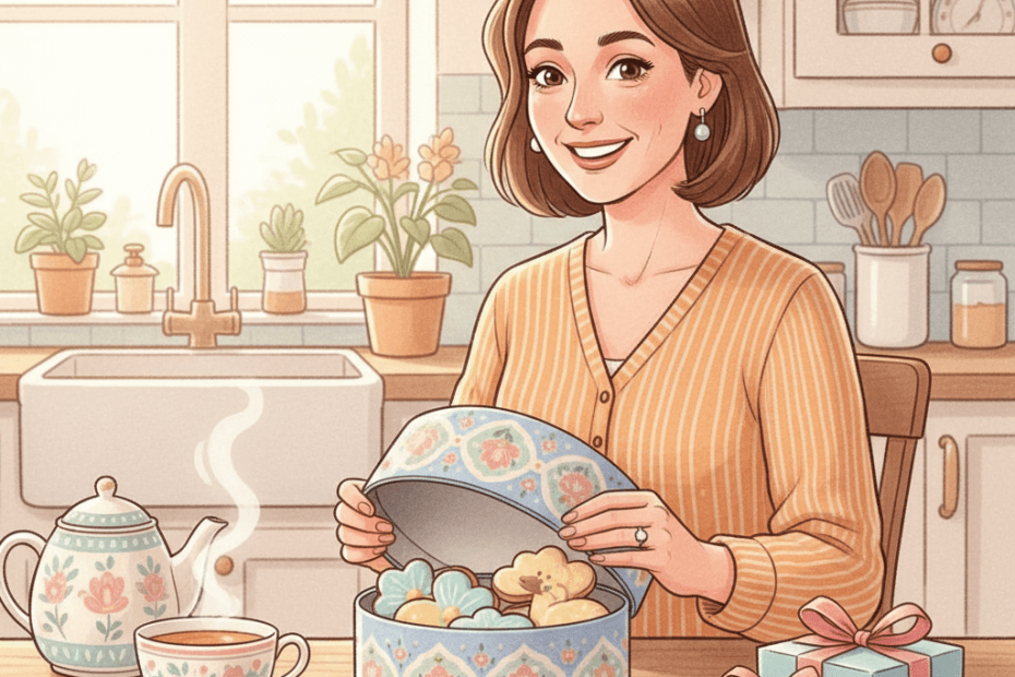 Editorial illustration of a cheerful British shopper opening a hand-iced biscuit gift tin with wrapped biscuit presents on a kitchen table