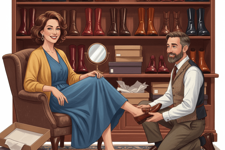 Editorial illustration of a cheerful British shopper trying on premium leather shoes in a traditional shoe shop with polished boots and boxes nearby
