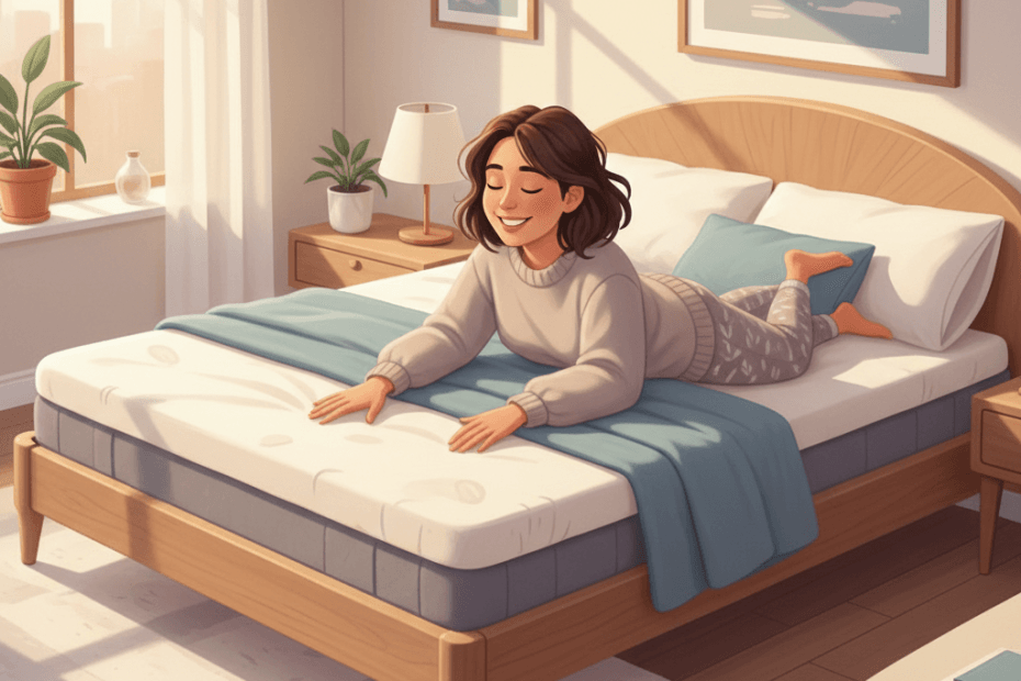 Editorial illustration of a cheerful British shopper testing a mattress and fresh bedding in a bright, cosy bedroom showroom with soft neutral colours