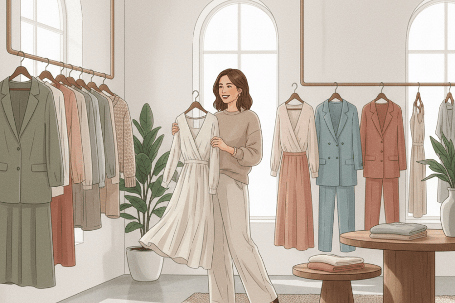 Editorial illustration of a cheerful British shopper browsing a calm womenswear boutique filled with dresses, knitwear and capsule wardrobe pieces in soft natural colours