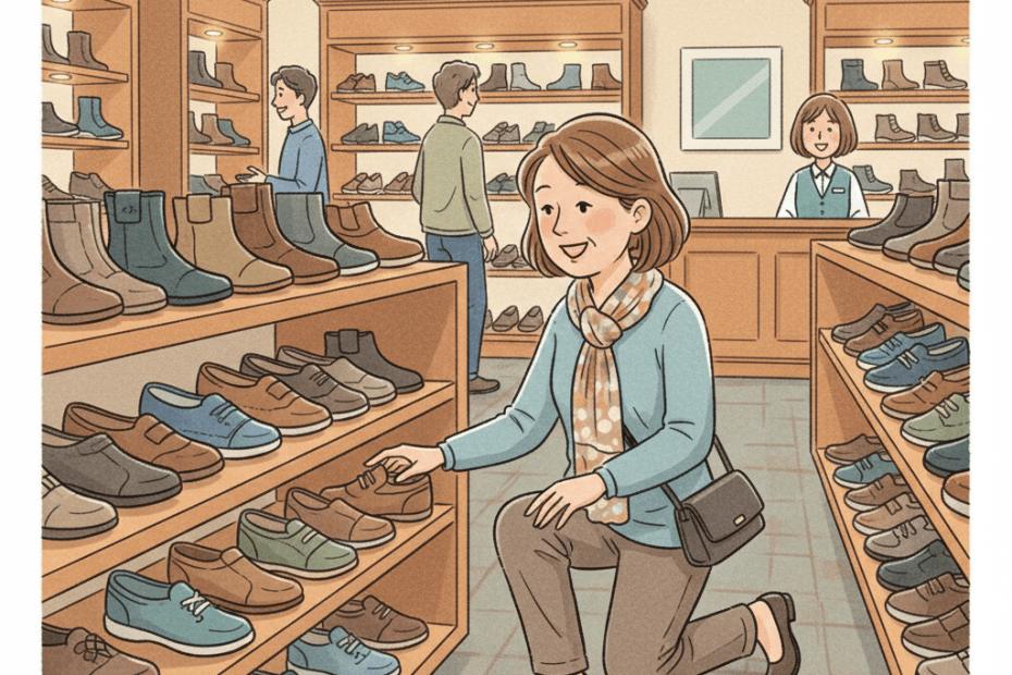 Editorial illustration of a cheerful British shopper browsing comfortable shoes and wide-fit footwear in a warm modern shoe shop