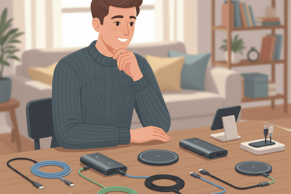Editorial illustration of a cheerful British shopper comparing chargers, power banks and compact tech accessories in a warm modern home-tech setting