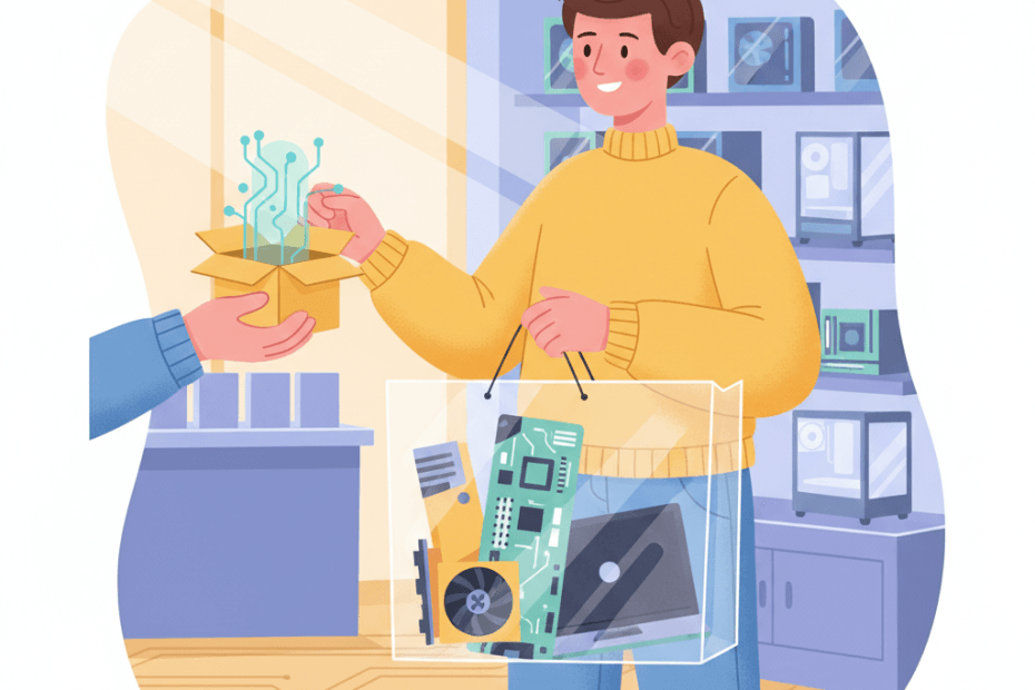 Editorial illustration of a shopper comparing PC components, monitors and a custom desktop setup on a tidy desk