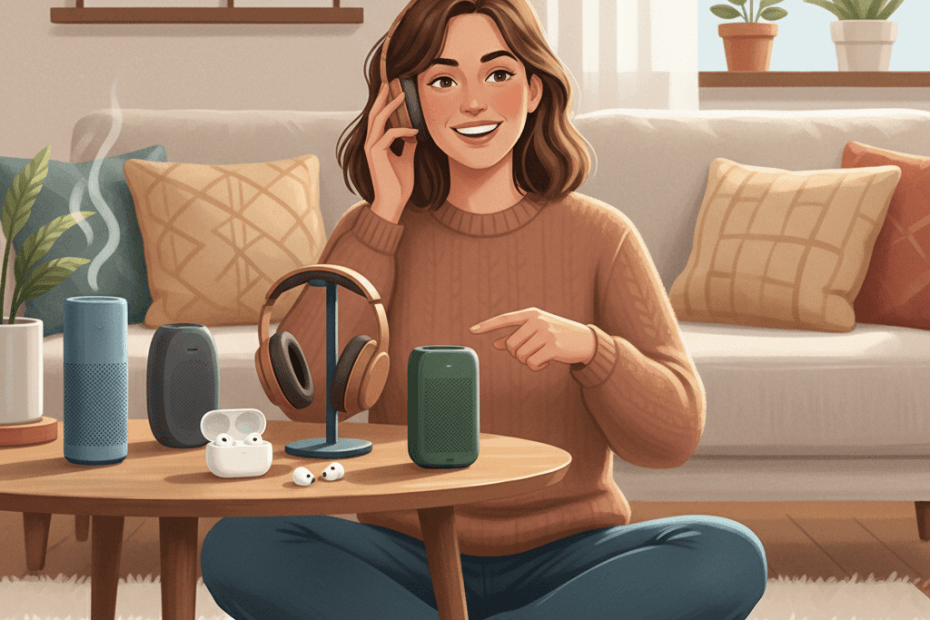 Editorial illustration of a cheerful British shopper comparing speakers, headphones and earbuds in a warm modern home-audio setting