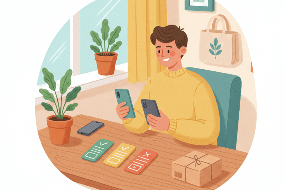Editorial illustration of a cheerful British shopper comparing refurbished smartphones and trade-in options at a tidy home desk