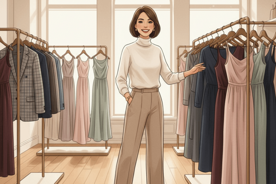 Editorial illustration of a cheerful British shopper browsing elegant workwear dresses and tailored womenswear in a polished London boutique