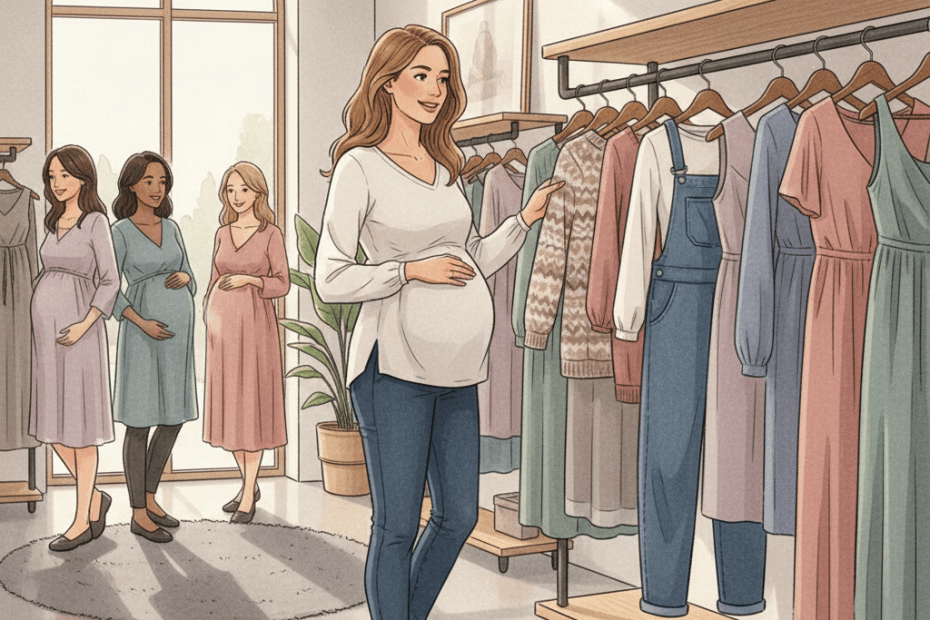 Editorial illustration of a cheerful British shopper browsing polished maternity dresses, knitwear and denim in a warm modern boutique