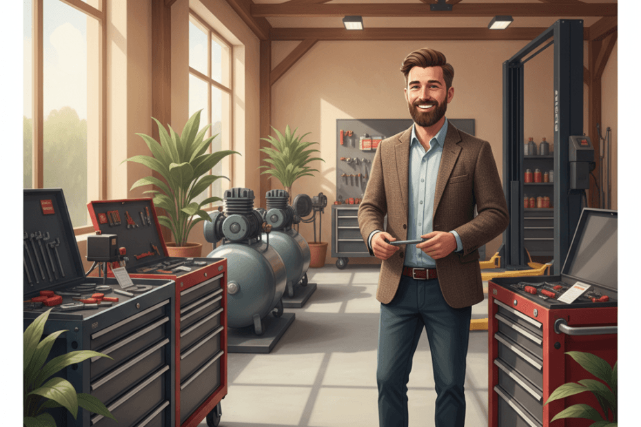 Editorial illustration of a cheerful British shopper browsing tool chests, compressors and garage equipment in a warm modern showroom