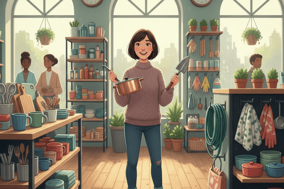 Editorial illustration of a cheerful British shopper browsing homeware, garden and kitchen essentials in a tidy modern store