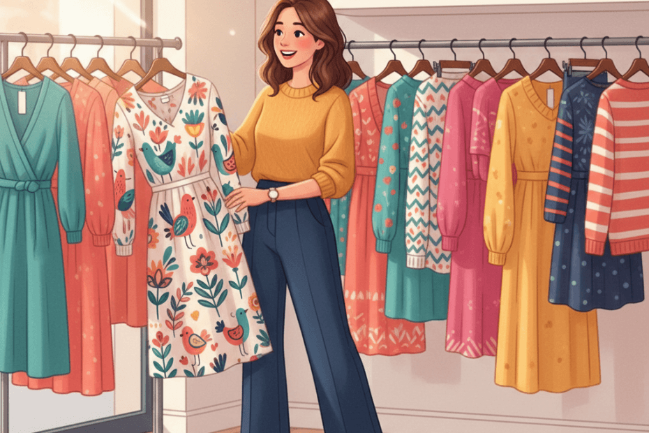 Editorial illustration of a cheerful British shopper browsing colourful dresses, knitwear and printed womenswear in a bright modern boutique