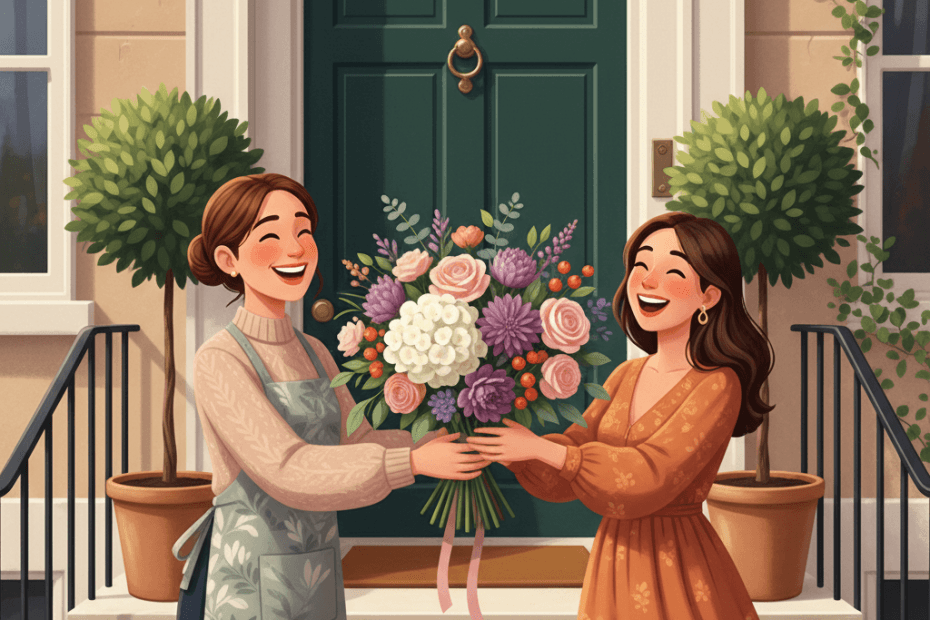 Editorial illustration of a cheerful British flower delivery scene with a local florist bouquet arriving at a front door