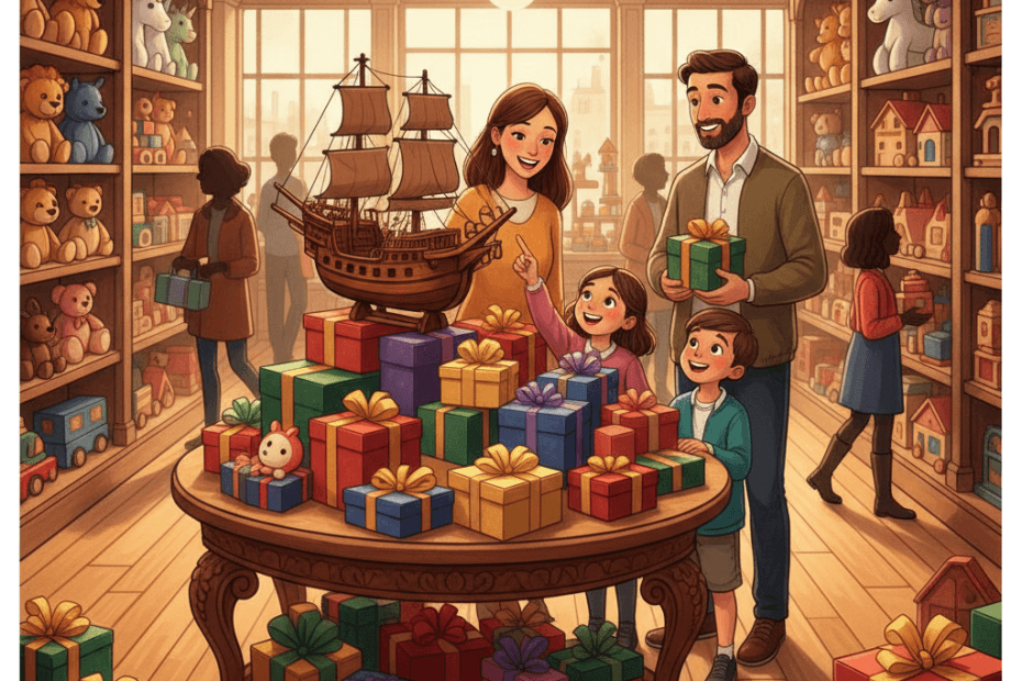 Editorial illustration of a cheerful British toy shop scene with colourful gift boxes, plush toys and a family choosing a special present
