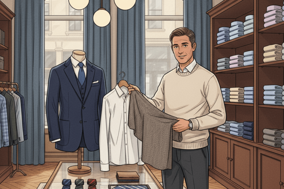 Editorial illustration of an elegant British menswear showroom with shirts, tailoring details and a shopper comparing fabrics