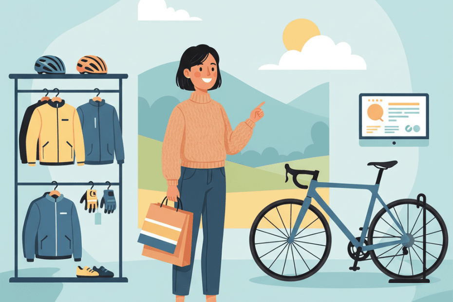 Editorial illustration of a cyclist comparing a premium road bike, helmet and accessories in a specialist shop