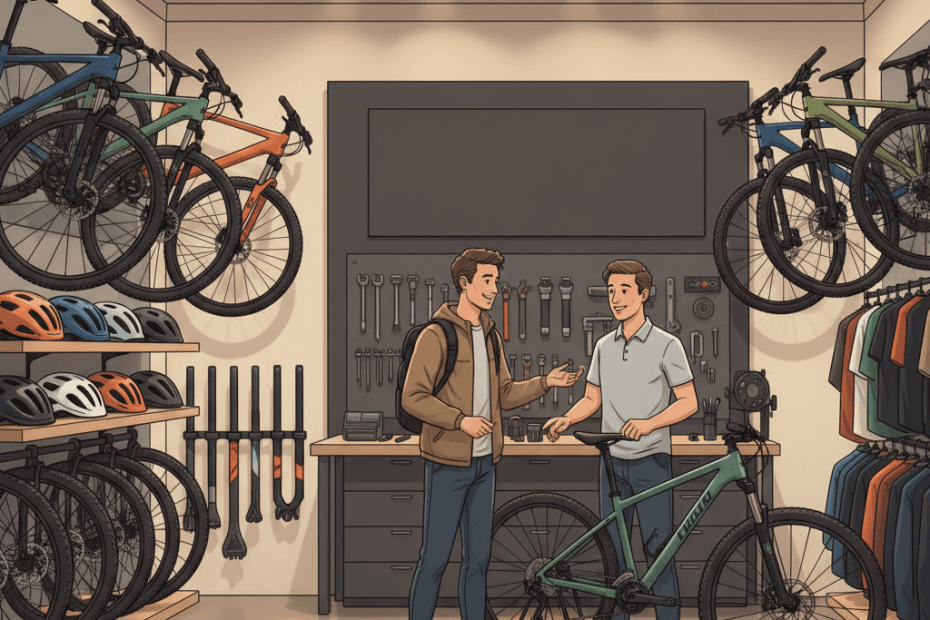 Editorial illustration of a specialist British bike shop with mountain bikes, helmets, parts displays and a cyclist comparing gear