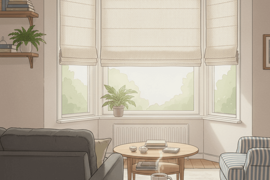 Editorial illustration of a bright British living room with stylish made-to-measure blinds and a tidy home-refresh feel