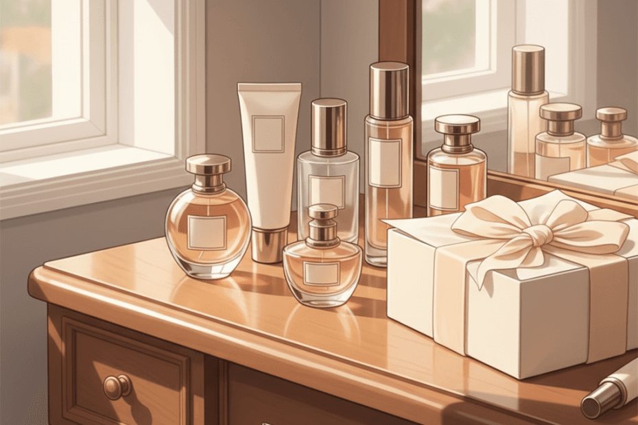 Editorial illustration of a stylish beauty-shopping scene with skincare, fragrance and a polished dressing-table feel