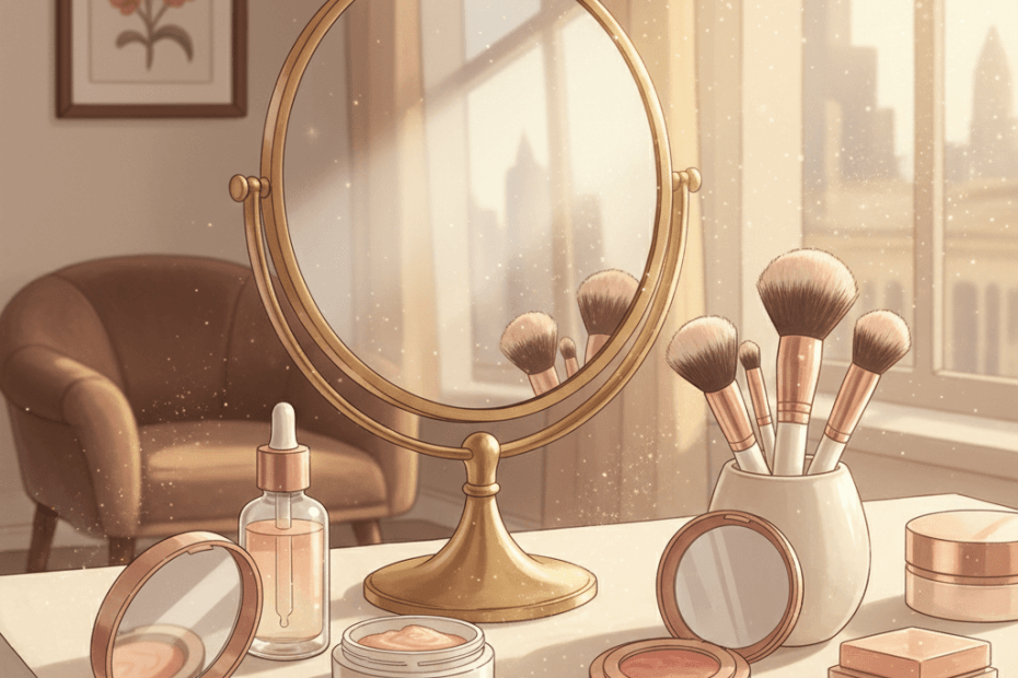 Editorial illustration of a warm beauty-shopping scene with make-up, brushes and a polished glow-focused dressing-table feel