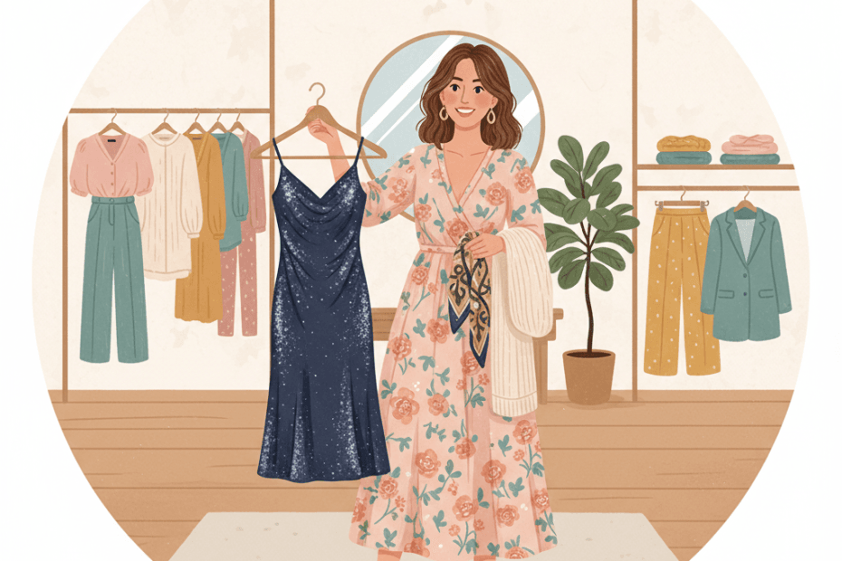 Editorial illustration of a cheerful shopper comparing occasionwear and everyday womenswear on a clothing rail