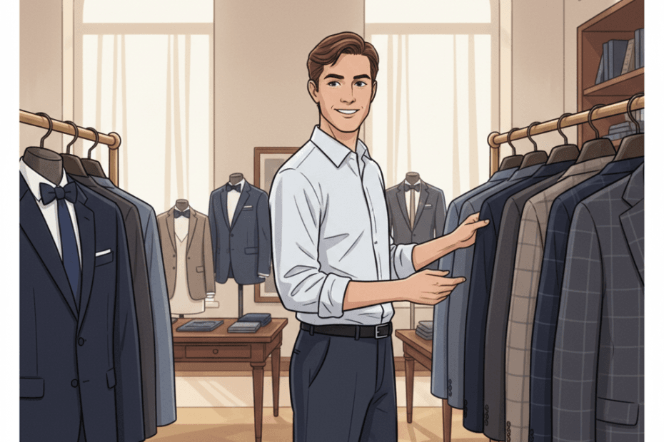 Editorial illustration of a stylish UK shopper considering tailored suits in a refined menswear showroom