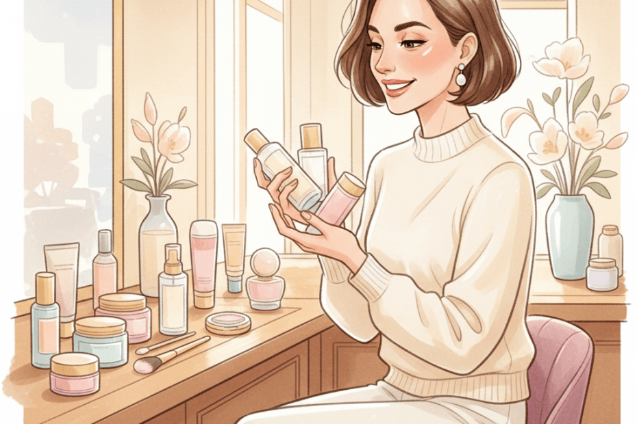 Editorial illustration of a cheerful UK beauty shopper comparing luxury skincare and make-up in a warm, elegant setting