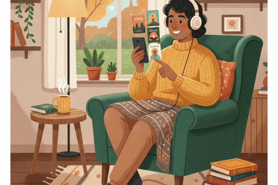Editorial illustration of a cheerful UK listener comparing audiobooks and headphones in a cosy reading corner