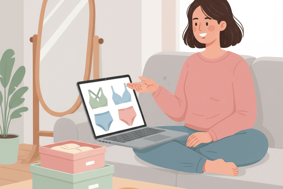 Editorial illustration of a cheerful shopper comparing fuller-bust lingerie and swimwear options online