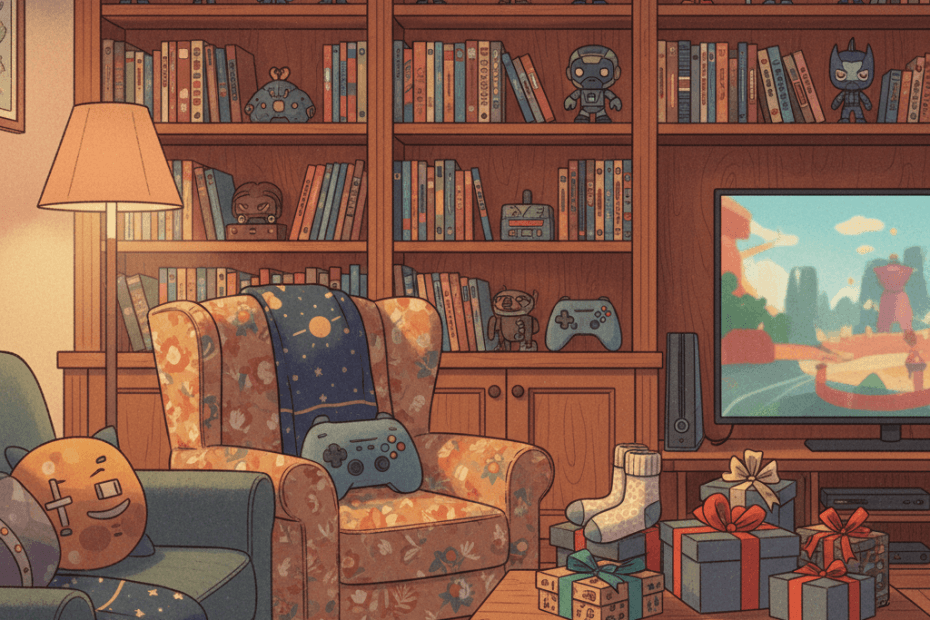 Editorial illustration of a cosy British living room with film collectibles, boxed gifts and pop-culture shopping vibes