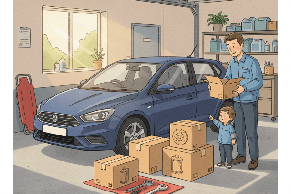 Editorial illustration of a tidy British home garage with boxed car parts, tools and a parked family car
