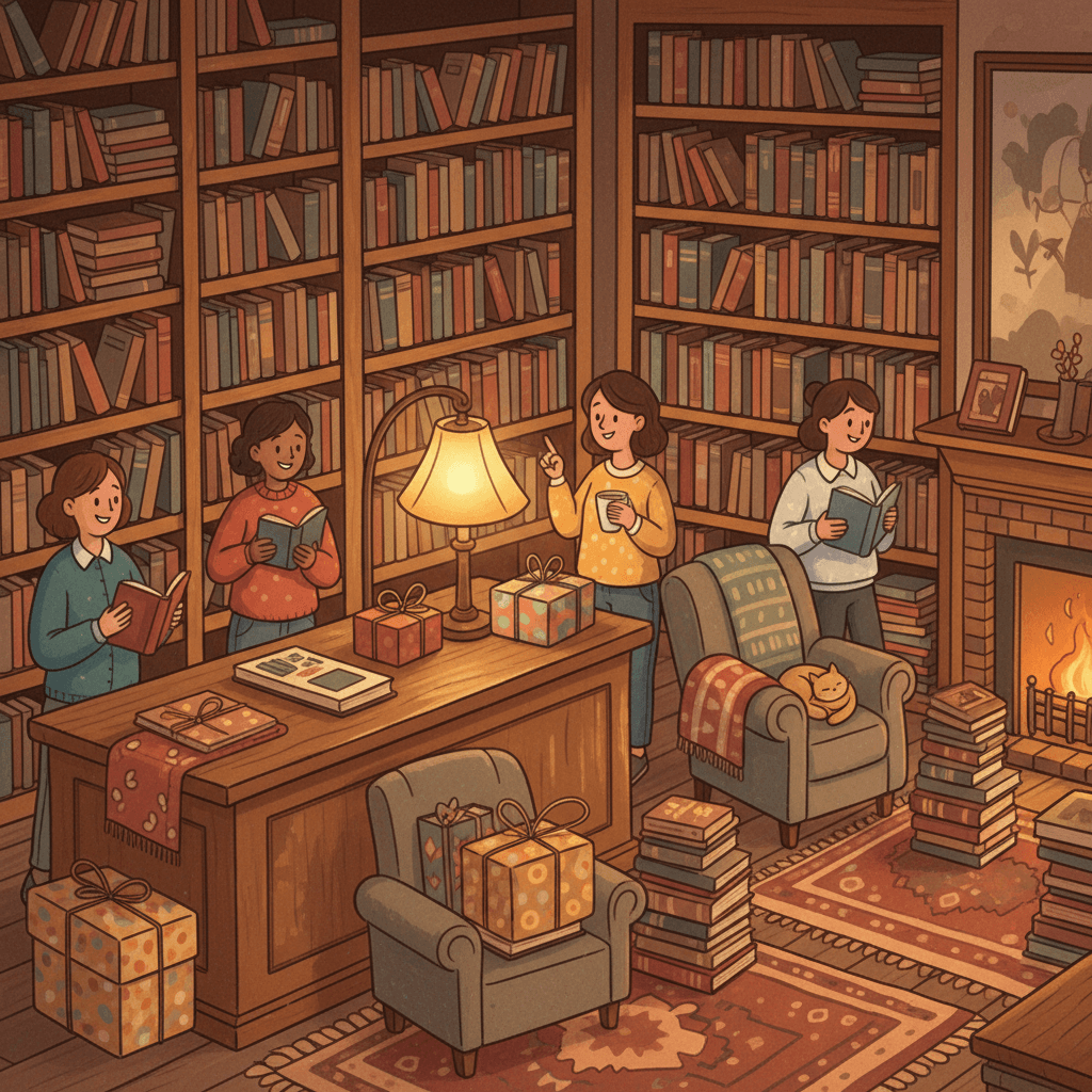 Editorial illustration of a cosy independent-style British bookshop with stacked books, gift wrapping and warm reading-lamp light