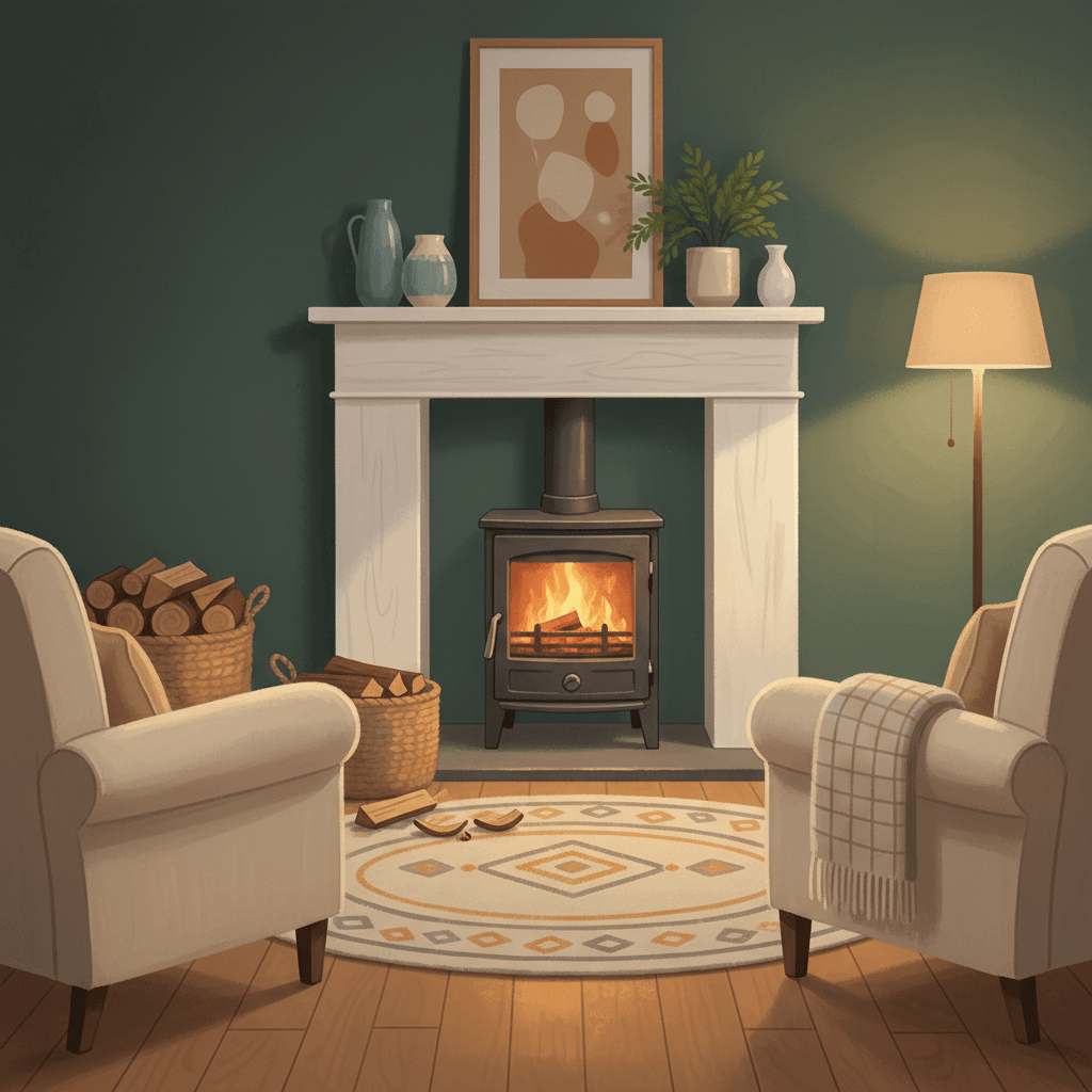 Editorial illustration of a cosy British living room with a modern stove, stacked logs and soft warm light