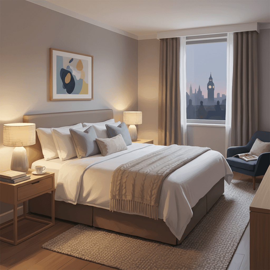Editorial illustration of a cosy modern UK hotel room with a neatly made bed, warm lighting and a city-break feel