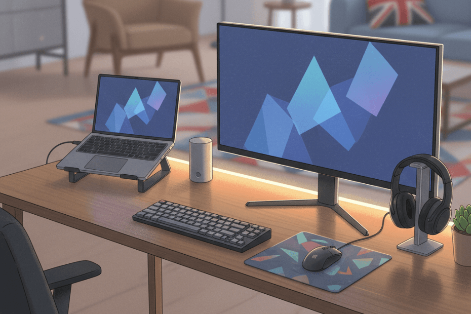 Editorial illustration of a tidy British home desk setup with a laptop, monitor, keyboard and warm ambient light