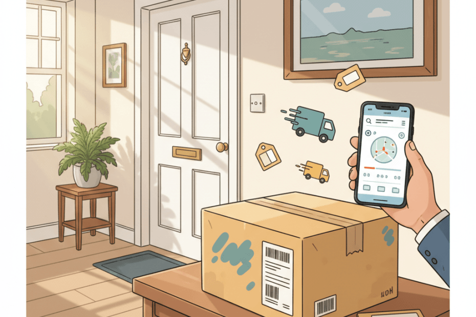 Editorial illustration of a neatly wrapped parcel with a shipping label beside a smartphone showing parcel tracking in a bright British hallway