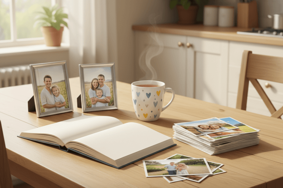 Editorial illustration of a cosy British kitchen table with printed photo books, loose photo prints and a personalised mug in warm natural light