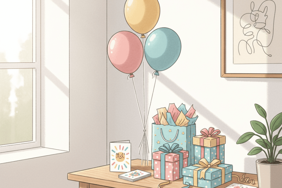 Editorial illustration of a cheerful British hallway table with greeting cards, wrapped gifts and a balloon in soft natural light